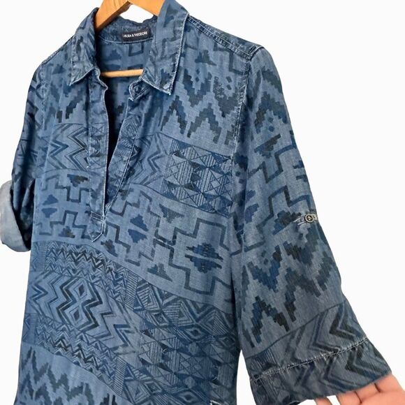 Chelsea & Theodore Aztec Chambray Tencel Shift Shirt Dress Womens Medium Blue - Picture 6 of 8